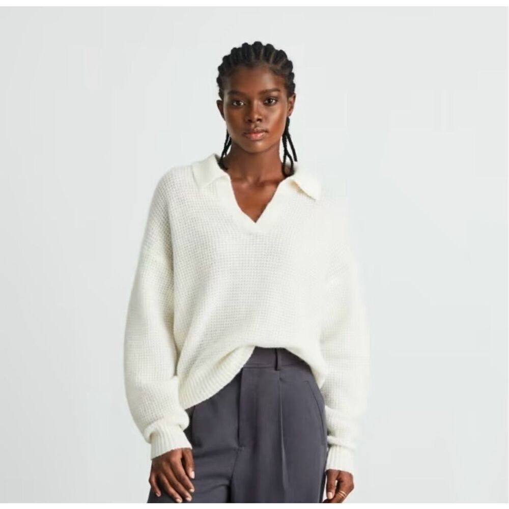 Everlane Alpaca Waffle-Stitch Polo Sweater Ivory Size XXS
